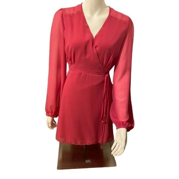 Urban Outfitters Women's Dress Size Medium Coral Red Wrap Long Sleeve - Picture 1 of 12